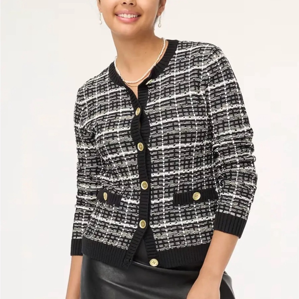 NWT  J.Crew $138 Women's Lady cardigan sweater, Black Khaki Tweed, Sz Large